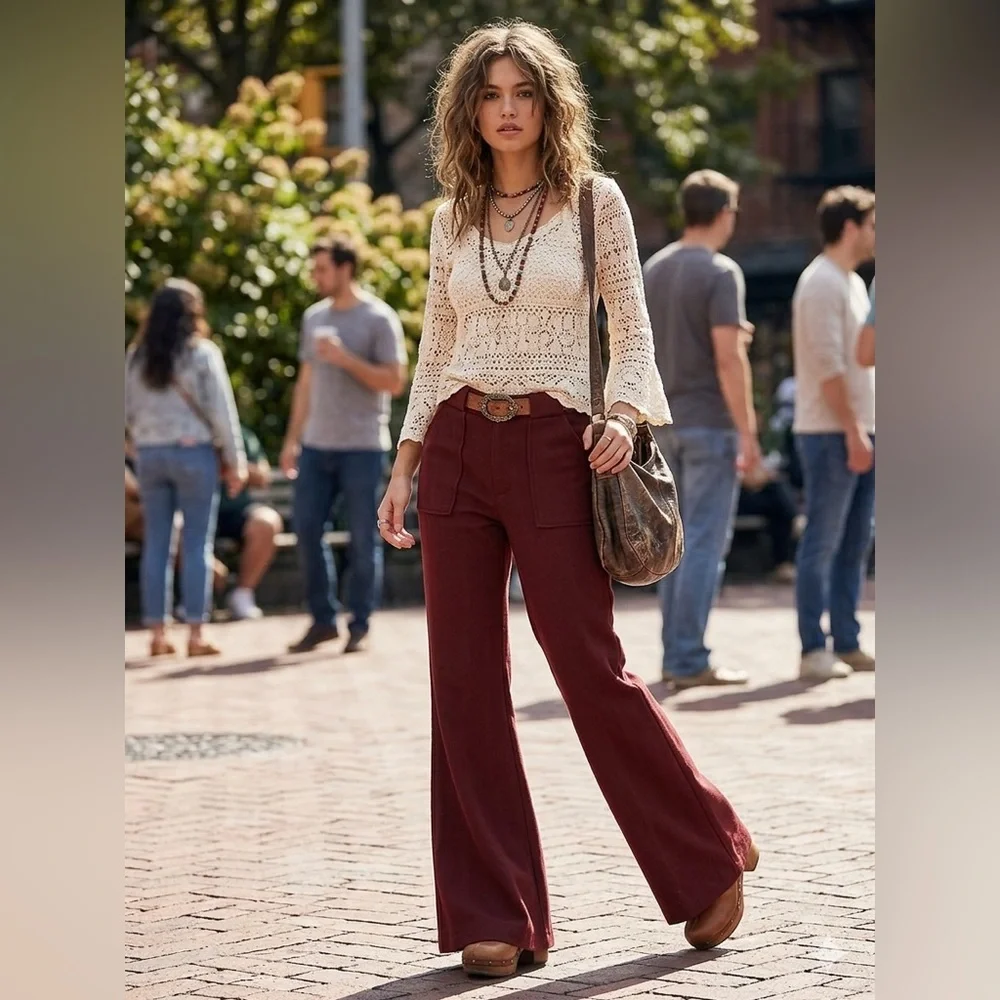 Free People Flare Wide-Leg Pants High Rise Wine Y2K Size 2 Woman’s